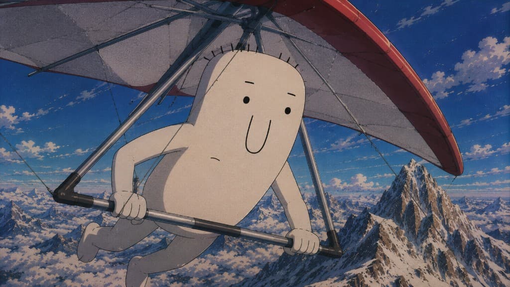 Bobbo hang-gliding over snow-capped mountains with a deadpan expression