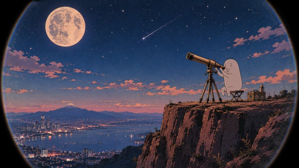 Bobbo on a cliff at night with a telescope, overlooking a moonlit coastal city and mountain